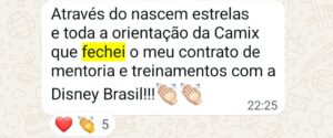 Depoimento no WhatsApp de aluna comemorando contrato com a Disney Brasil