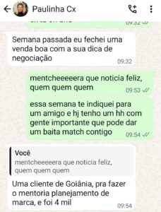 Depoimento no WhatsApp de aluna sobre negociação fechada com dica da Camila