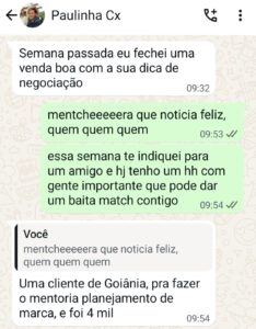 Depoimento no WhatsApp de aluna sobre negociação fechada com dica da Camila